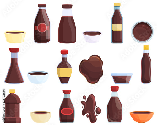 Soy sauce icons set. Cartoon set of soy sauce vector icons for web design
