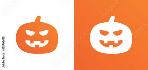 halloween white and orange pumpkin creepy face in graphic symbol.