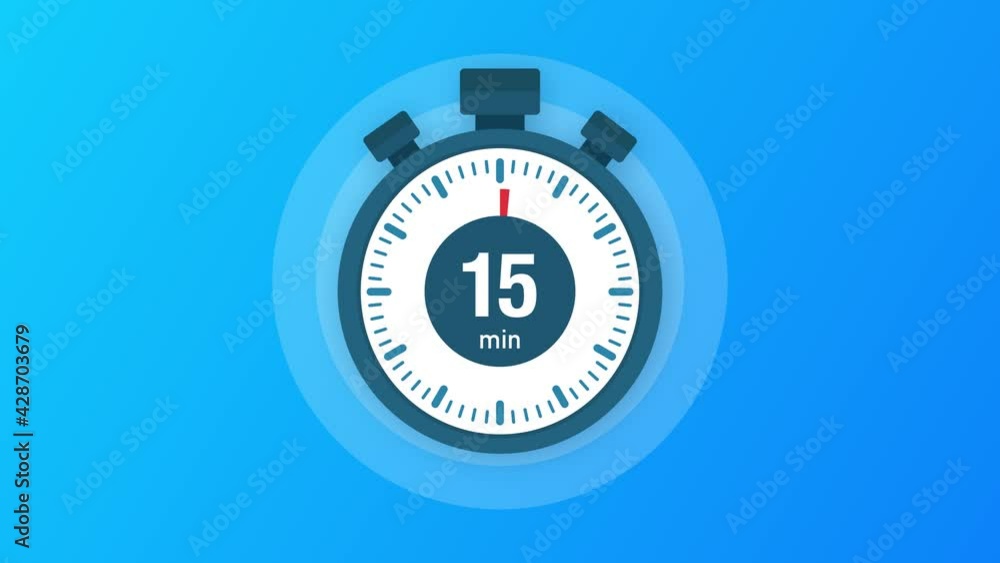The 15 minutes, stopwatch icon. Stopwatch icon in flat style, timer on on color background. Motion graphics. The 15 minutes, stopwatch icon. Stopwatch icon in flat style, timer on on color background. Motion graphics.