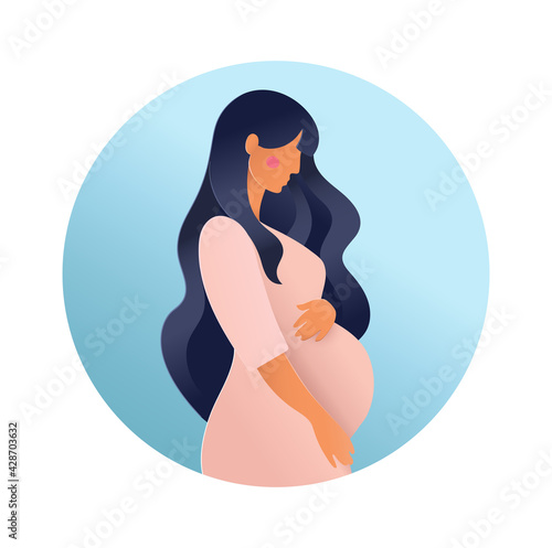 Pregnant woman side view, round pregnancy logo in trendy graphic paper cut craft style. Modern design for poster, banner. Vector illustration isolated on white background. photo