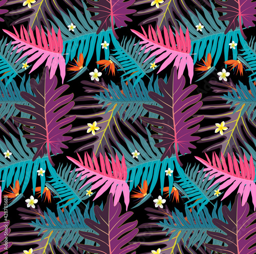 Tropical Rain forest leaf color seamless pattern. Hawaii wallpaper or textile fabric print vector background.