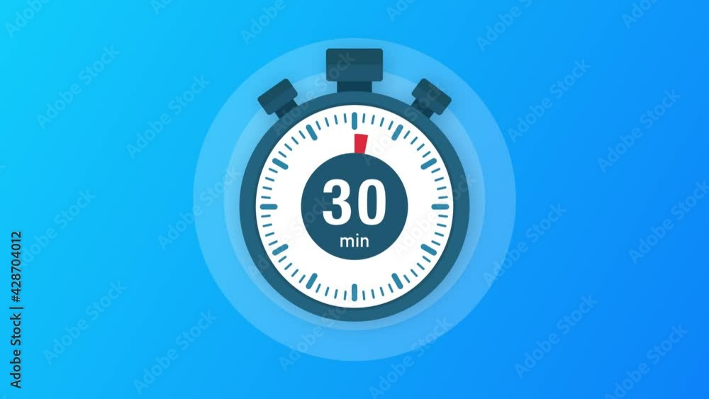 The 30 minutes, stopwatch icon. Stopwatch icon in flat style, timer on on color background. Motion graphics. The 30 minutes, stopwatch icon. Stopwatch icon in flat style, timer on on color background. Motion graphics.
