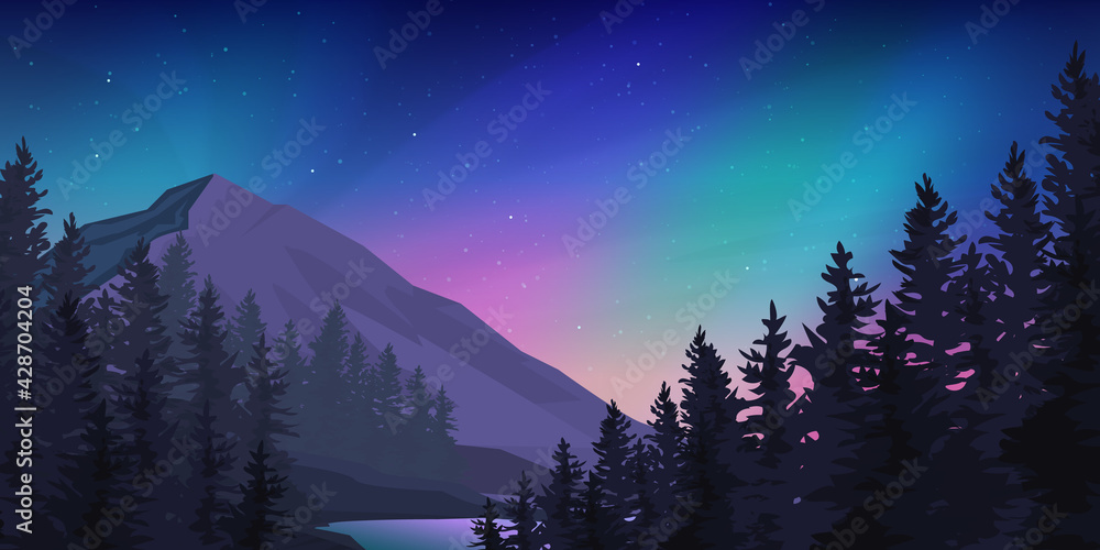 Mountain forest at the northern lights landscape. - obrazy, fototapety, plakaty 