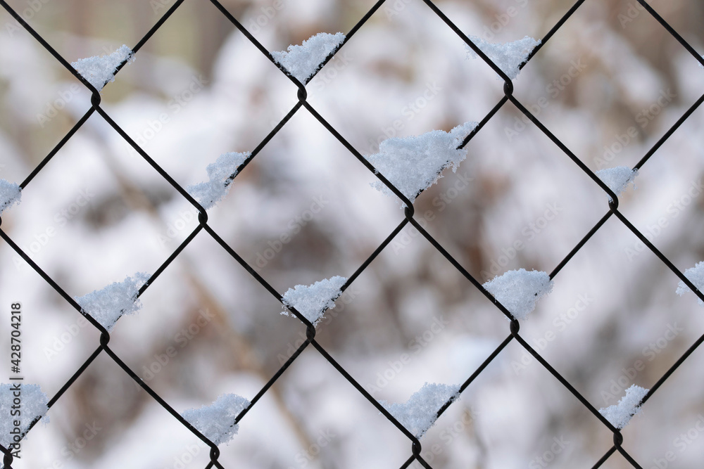 Fluffy light snow lies on the netting. Close-up of the structural background of a steel mesh covered with fallen fresh snow. Fluffy light snow lies on the netting. Close-up of the structural background of a steel mesh covered with fallen fresh snow.