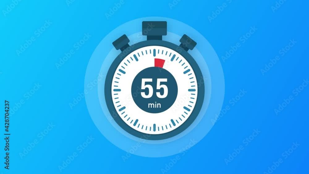 The 55 minutes, stopwatch icon. Stopwatch icon in flat style, timer on on color background. Motion graphics. The 55 minutes, stopwatch icon. Stopwatch icon in flat style, timer on on color background. Motion graphics.