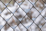 Fluffy light snow lies on the netting. Close-up of the structural background of a steel mesh covered with fallen fresh snow.