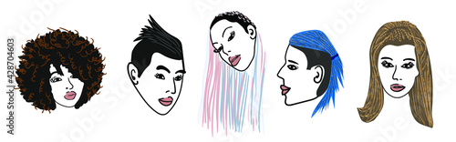a set of silhouettes of young men and women with a traditional African American hairstyle, braids and braids. color black and white illustration on white isolated background.