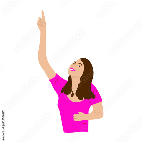 a girl in a red blouse raised her hand up and points her index finger into an empty space, attracts attention.