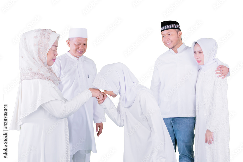 Child kiss grandparents hands while homecoming Child kiss grandparents hands while homecoming