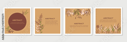 Vector design templates in simple modern style with copy space for text, flowers and leaves
