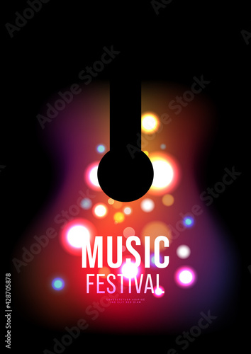 Music poster design template background decorative with light bokeh in shape of guitar