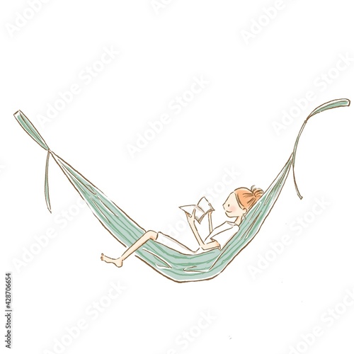 A young woman lying on hammock and reading a book