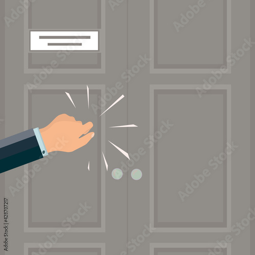 A knock on the door. The man's hand is knocking on the door. Please allow me to enter the room. Office space. An assertive, persistent businessman, client, manager, guest or salesperson. 
Fragment.