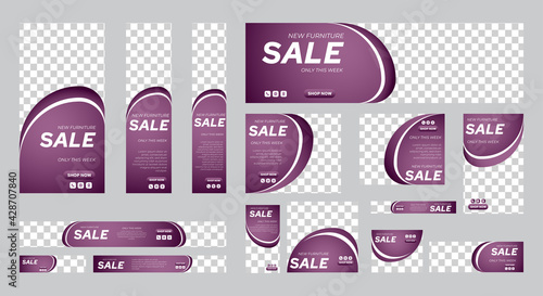 Set of Furniture Sale banners of standard size with a place for photos. Vertical, horizontal and square template. vector illustration