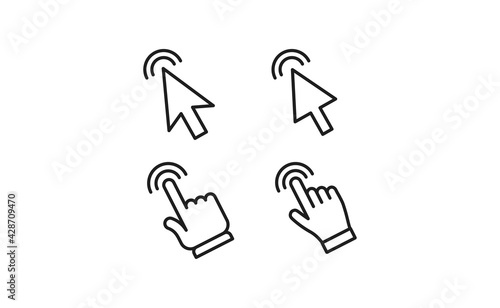 Arrow and hands click icons. Pointer vectors clicking.