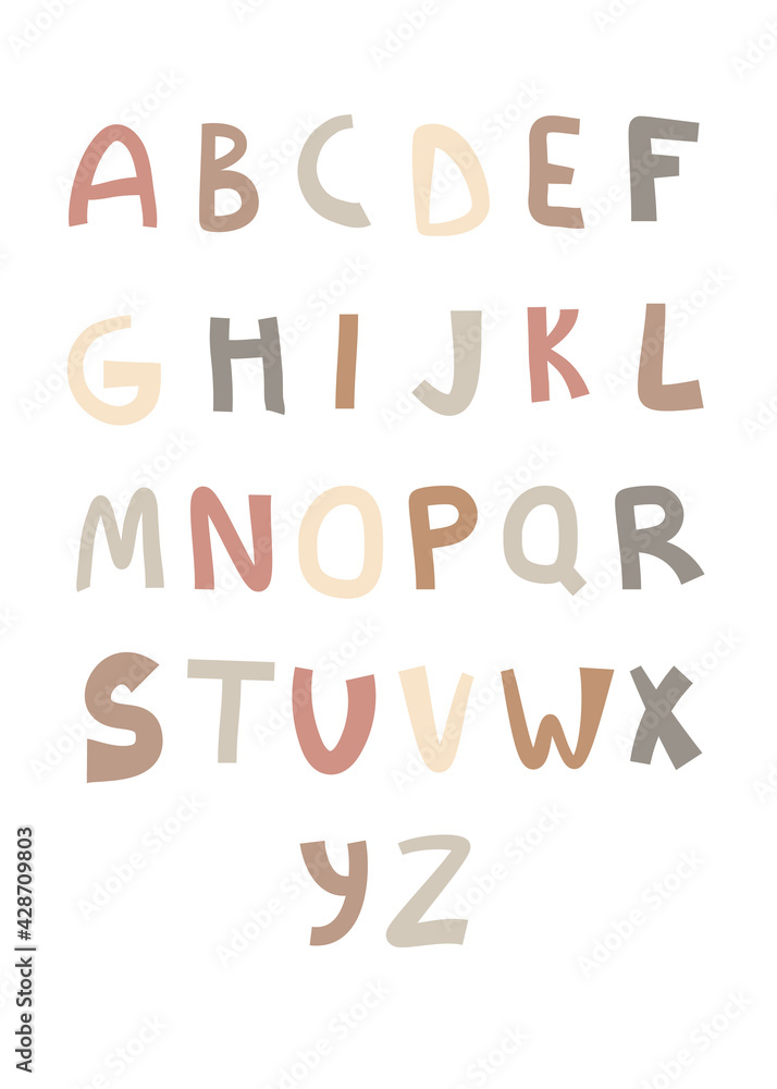 Abstract kids alphabet poster for decorative design. Cartoon vector illustration. Scandi kids design. 