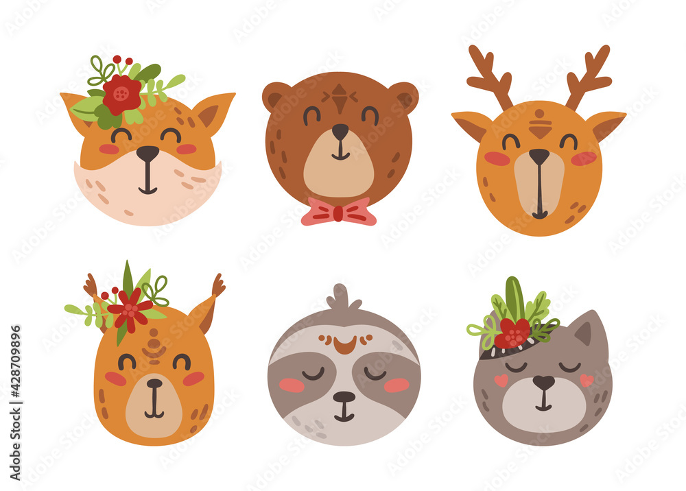 Cute boho baby animal faces and arrows isolated cliparts set Cute boho baby animal faces and arrows isolated cliparts set