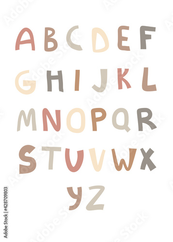 Abstract kids alphabet poster for decorative design. Cartoon vector illustration. Scandi kids design.  (ID: 428709803)
