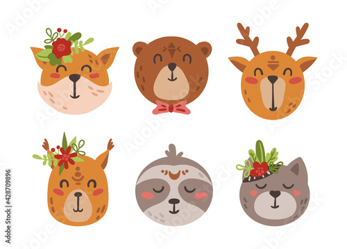 Cute boho baby animal faces and arrows isolated cliparts set