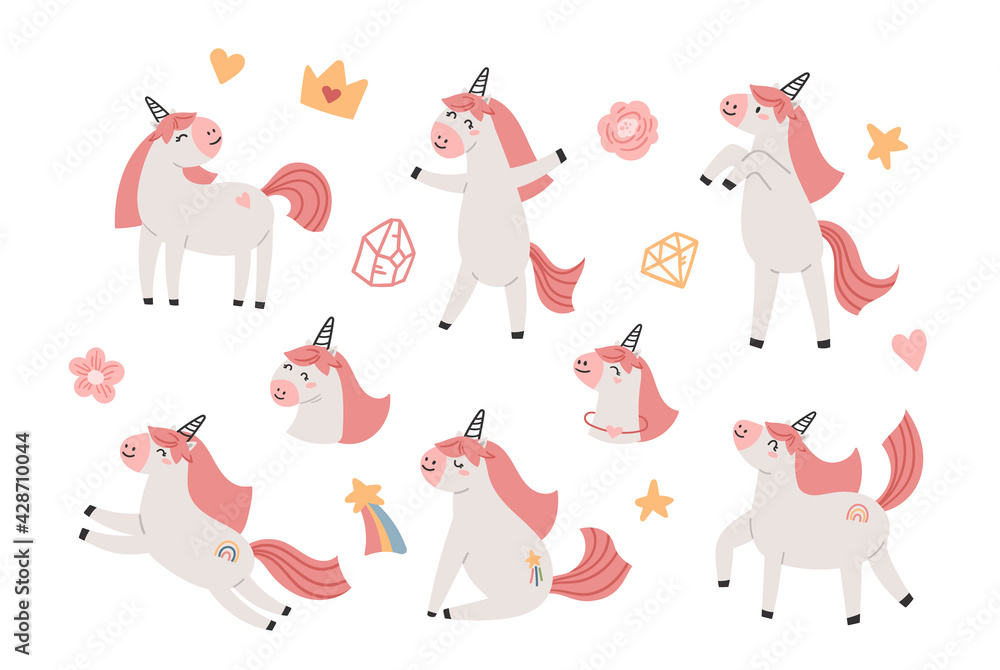 Fototapeta premium Pink cute unicorn kids isolated clipart bundle
