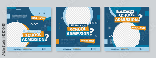 Set of three blue orange school admission or education social media pack template premium vector