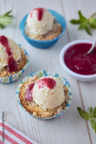 dessert with vanilla ice cream and jam