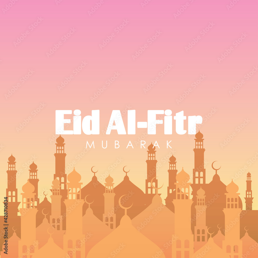 Eid Al-Fitr Greeting Card. Mosques and Dawn sky on Background Vector Illustration for greeting card, poster and voucher.