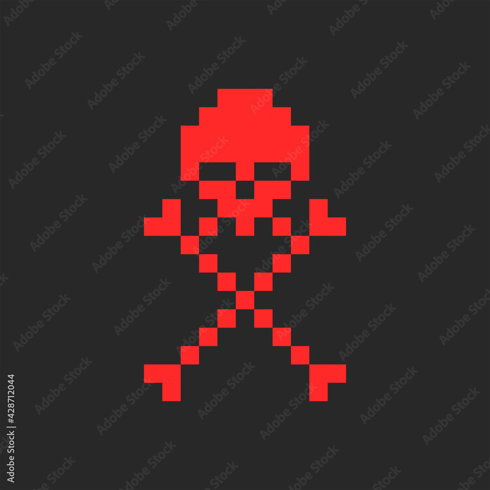 Skull and crossbones symbol of jolly roger logo in pixel style, kids print on clothes or youth red sticker minimal design. Skull and crossbones symbol of jolly roger logo in pixel style, kids print on clothes or youth red sticker minimal design.