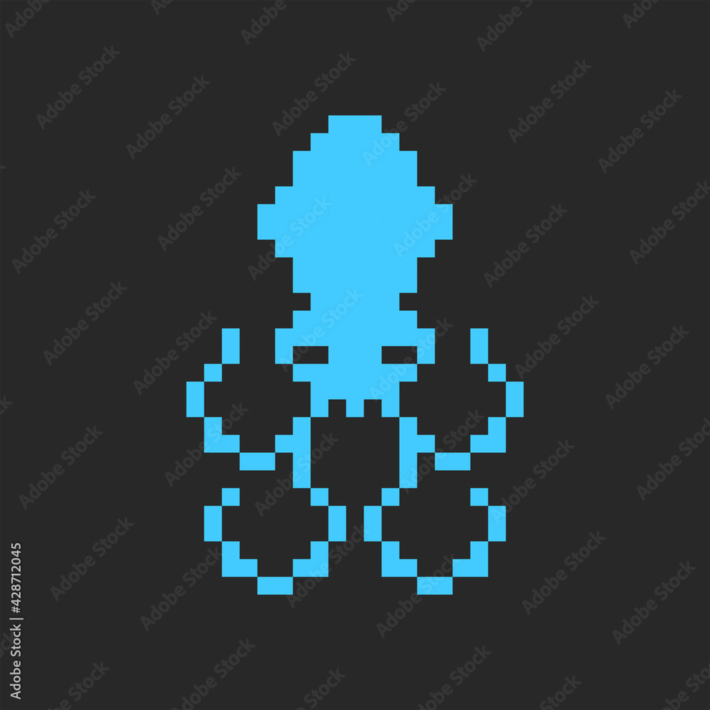 Octopus logo marine cartoon animal in a pixel style, blue squid decor in a minimal game style.