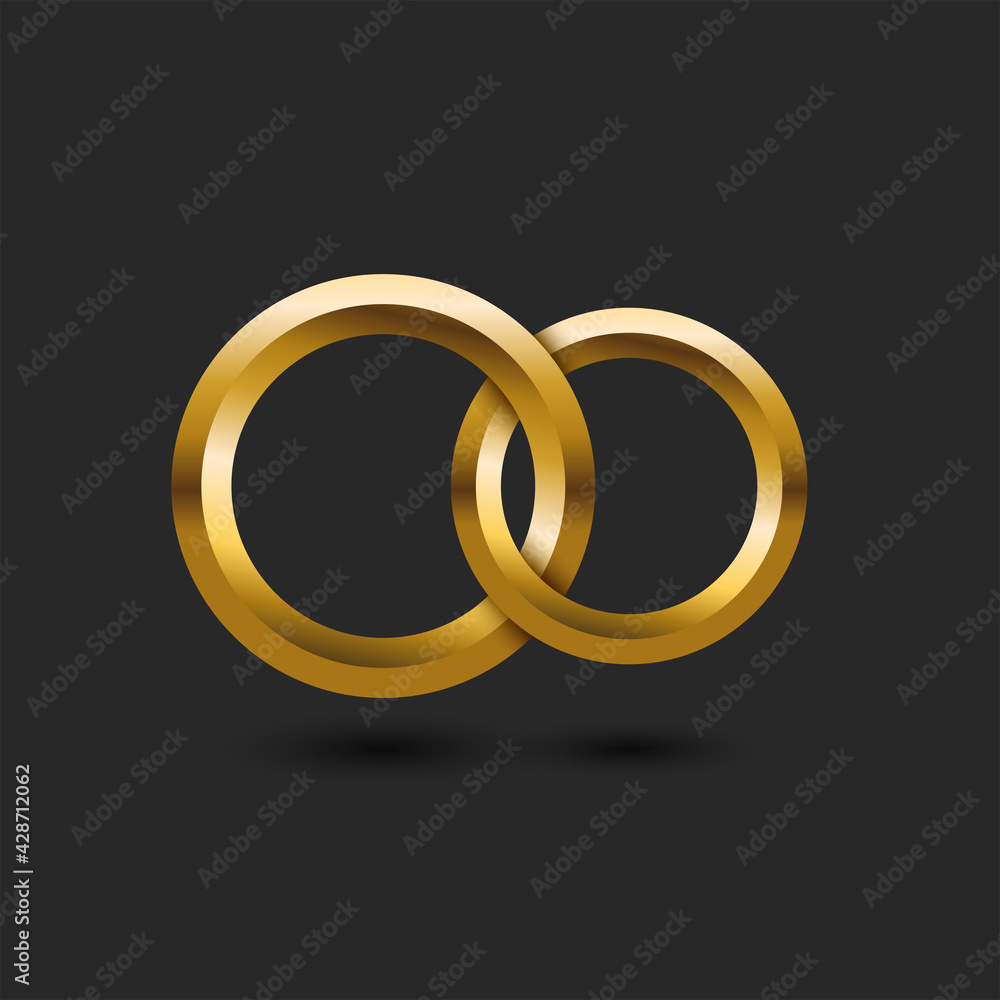 Two gold wedding rings 3d in the shape of infinity on a black background wedding card mockup, intertwining of two circles with faces. Two gold wedding rings 3d in the shape of infinity on a black background wedding card mockup, intertwining of two circles with faces.