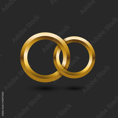 Two gold wedding rings 3d in the shape of infinity on a black background wedding card mockup, intertwining of two circles with faces.