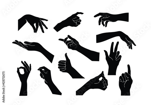 vector collection set of hand gestures. black hand gesture like a silhouette or shadow of hands. human body movement illustrations in black.
