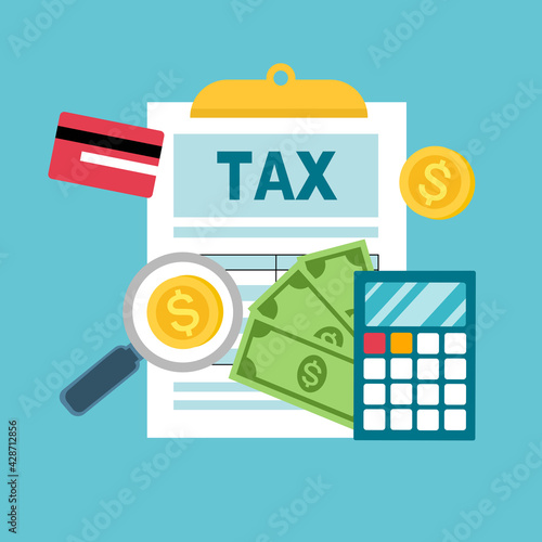 Tax consulting service. Tax payment concept. Document, calculator, credit card, dollar coins and banknotes in flat design. Tax time.