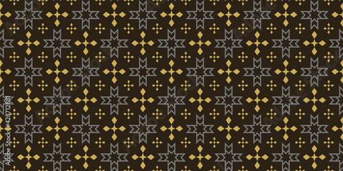 Background pattern with geometric elements in gray and gold on a black background. Seamless pattern, texture for your design. Vector image 