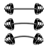 Set of Illustrations of Weightlifting barbell. Design element for logo, label, sign, emblem, poster. Vector illustration