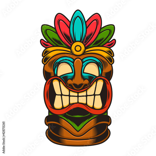Illustration of tiki idol. Design element for logo, label, sign, poster. Vector illustration