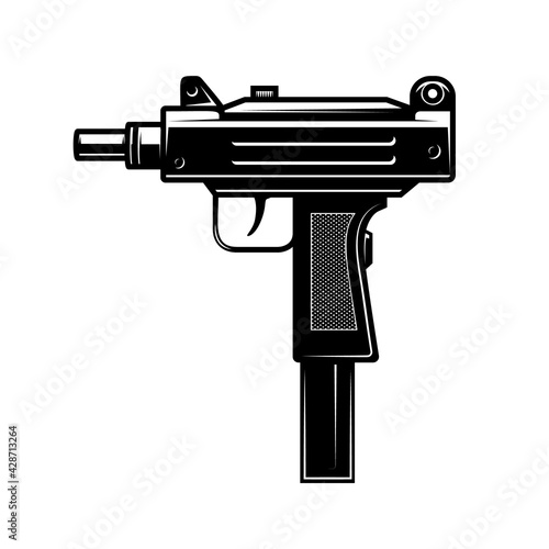 Illustration of automatic uzi handgun in monochrome style. Design element for logo, label, sign, poster. Vector illustration