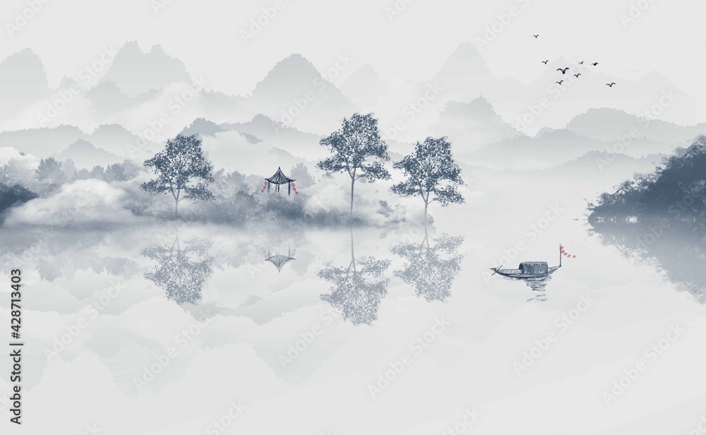 Chinese style new Chinese blue ink landscape painting Chinese style new Chinese blue ink landscape painting