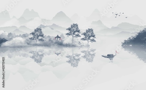 Fototapeta Naklejka Na Ścianę i Meble -  Chinese style new Chinese blue ink landscape painting