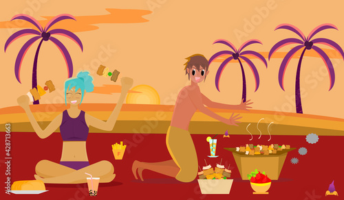 A couple of men and women sitting in the kitchen cooking dinner.  At the beach by the sea  When the sun goes down with joy  Vector illustration for content  Vacation, Relaxation Lifestyle, Summer