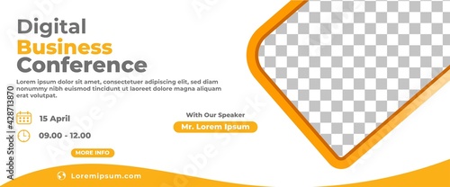 Business webinar horizontal banner template. Modern banner with orange frame and place for the photo.