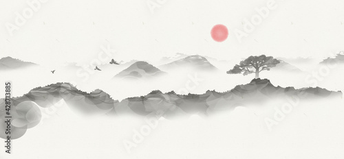 Hand painted Chinese style artistic conception water ink Abstract landscape painting photo