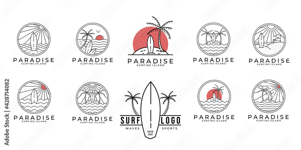 set / bundle paradise surf logo line art vector illustration design, paradise beach logo design. - obrazy, fototapety, plakaty 