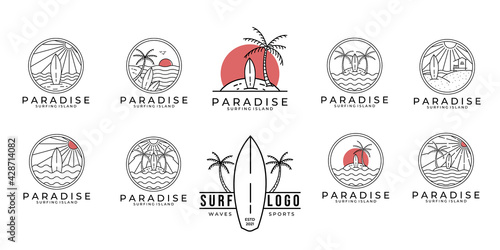 set / bundle paradise surf logo line art vector illustration design, paradise beach logo design. photo
