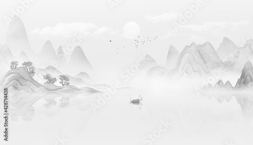 Hand painted Chinese style artistic conception water ink Abstract landscape painting photo