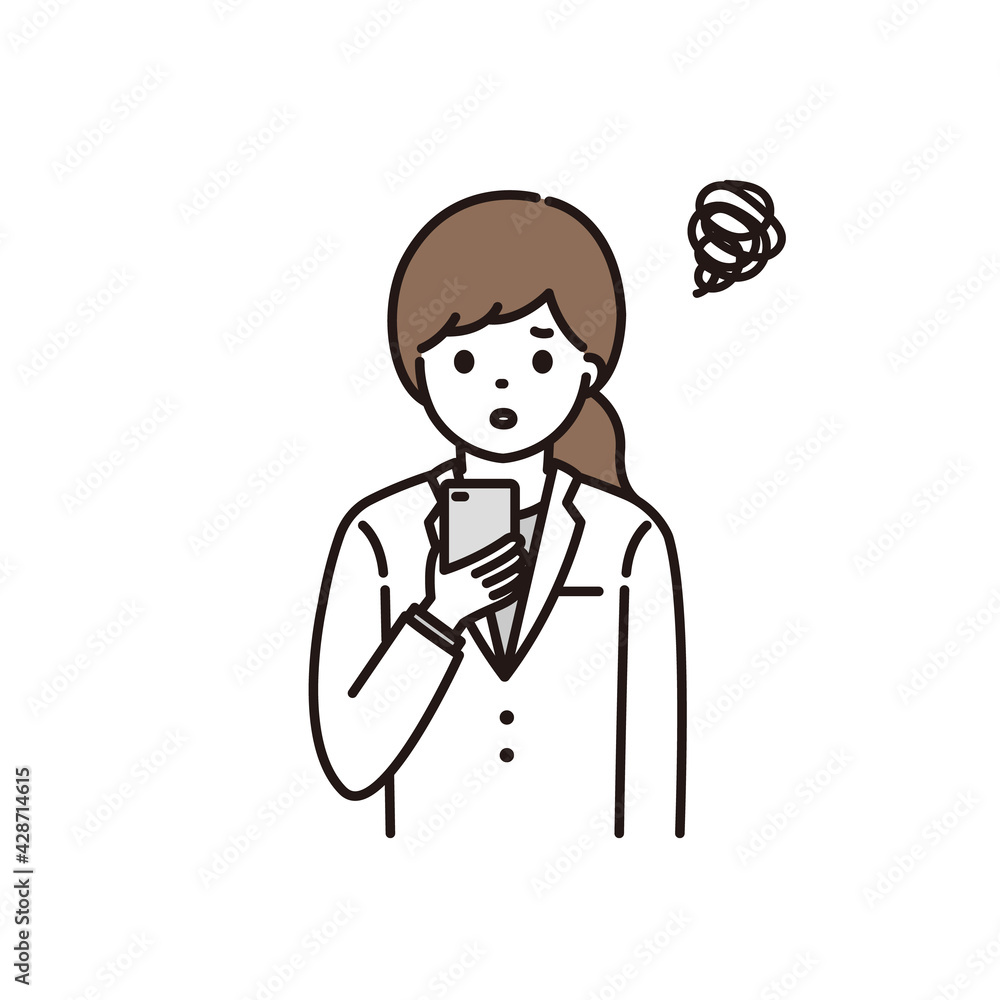 困った顔でスマートフォンを持つ女性薬剤師