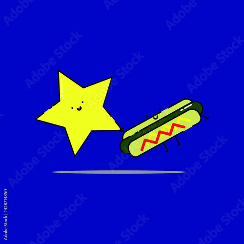 Cute hotdog fly with star Illustration. modern simple vector icon, flat graphic symbol in trendy flat design style. wallpaper. lockscreen. pattern. frame, background, backdrop, sign, logo.