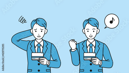 通帳を見て喜ぶ　困る　スーツ姿の男性　会社員　給料　ボーナス　金欠　支払い　イラスト素材