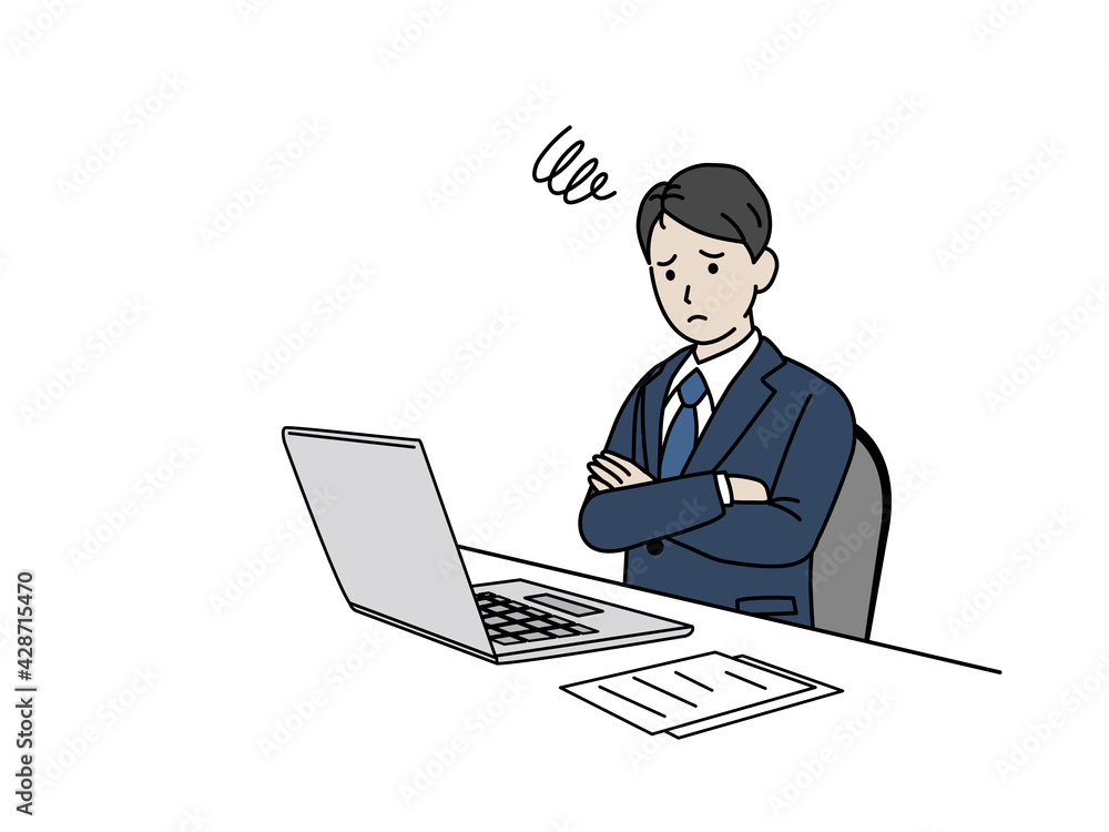 パソコンの前で悩むスーツ姿の男性 会社員 トラブル 不安 心配 イラスト素材 Stock 벡터 Adobe Stock