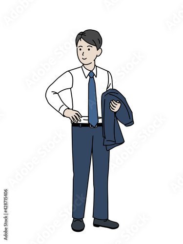 スーツの上着を脱ぐ若い男性　会社員　全身　イラスト素材
